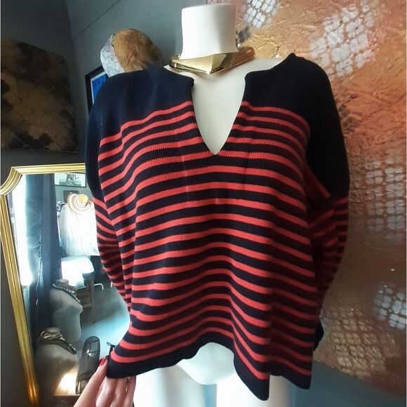Massimo Dutti Cotton Blend Navy and Red Striped Sweater - Picture 7 of 13